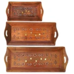 Wooden Serving Trays Modern Style With Cutout Handle Large, Medium And Small For Food, Wooden Trays For Breakfast - Natural Wood And Brown (Set of 3) Rectangular